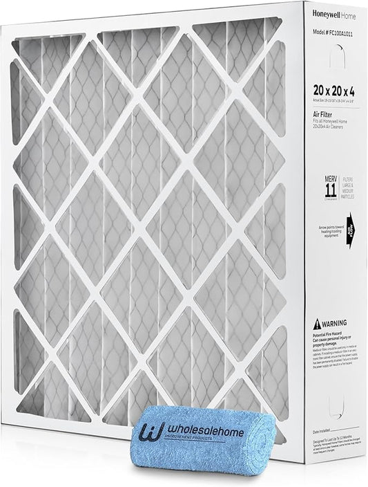 Honeywell 20x20x4 Air Filter Replacement MERV 11, FC100A1011 Pleated HVAC AC Furnace Filters with Wholesalehome Cleaning Cloth, (Actual Size: 19.94 x 19.75 x 4.38 Inches)