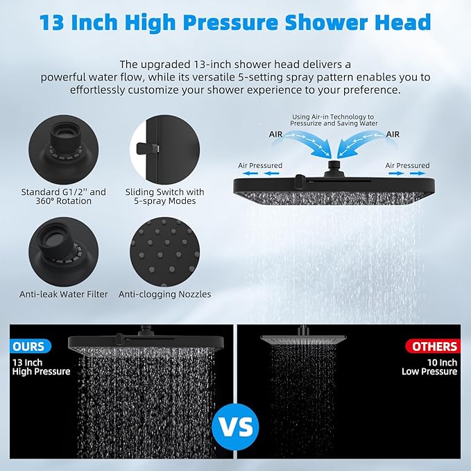 Hibbent 5-spray 13'' Shower Head, High Pressure Rainfall Shower Head, Dual Showerhead Combo with 10-mode Handheld Spray, 12'' Adjustable Extension Arm, 71'' Hose, Showerhead Holder, Oil Rubbed Bronze