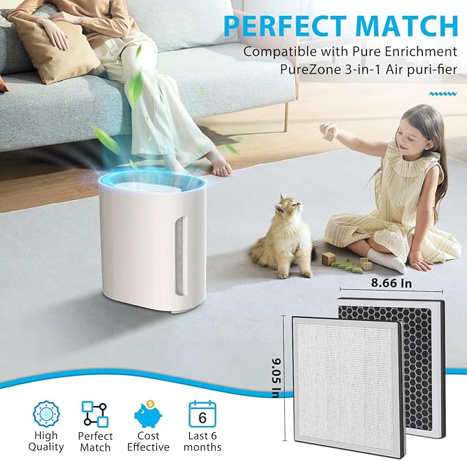 4 Pack 3-in-1 True HEPA Filters Compatible with Pure Enrichment PureZone Air Purifier, 3-Stage H13 True HEPA Replacement Filter, Part # PEAIRFIL