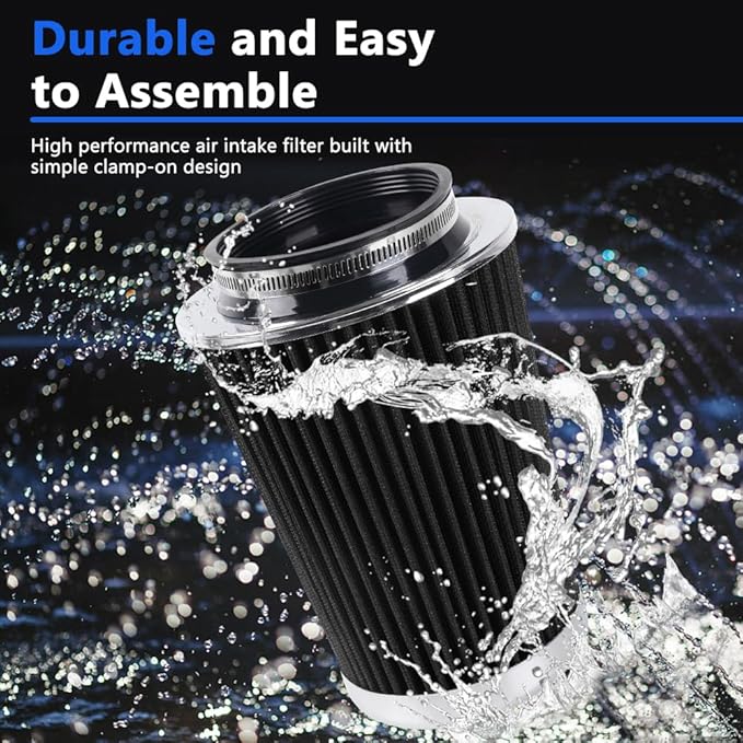 4-Inch Cold Air Intake Filter - Washable, High Performance, 3" or 3-1/2" or 4" Clamp-On Replacement Air Filter Black (8" Tall)