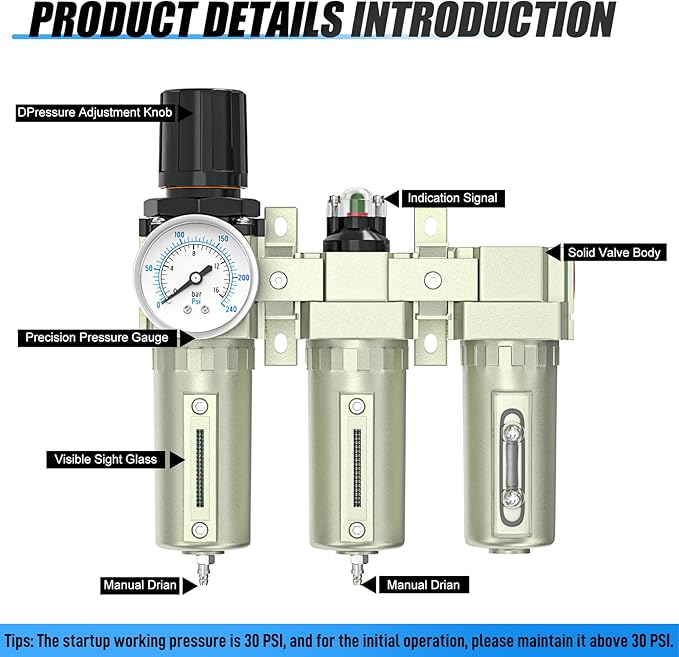 Heavy Duty Industrial Grade 3/4" NPT 3 Stage Air Drying System,Coalescing Filter, Particulate Filter, Desiccant Dryer and Air Regulator, Manual Drain, For Plasma Cutter and Paint Spray