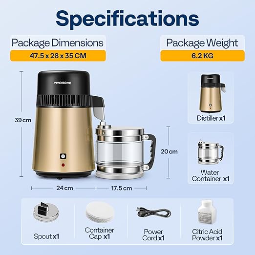 VIVOHOME Water Distiller Countertop 1.1 Gallon/4L 304 Stainless Steel Distilled Water Machine with Smart Switch Purifier Filter for Home Officek, Champagne