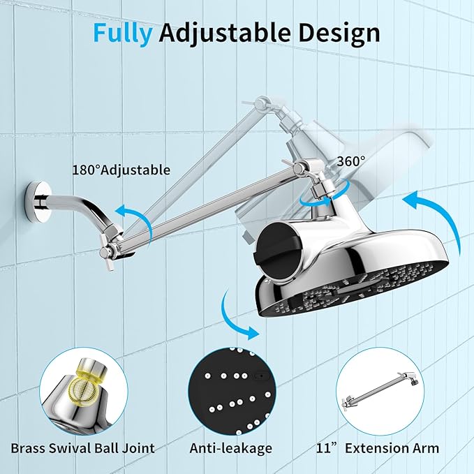 Filtered Shower Head with Extension Arm - EMBATHER 8 Inch High Output Showrhead with 3 Spray Settings, 18 Stage Filter for Hard Water, 11" Adjustable Arm, Brass Swivel Ball Jiont, Chrom