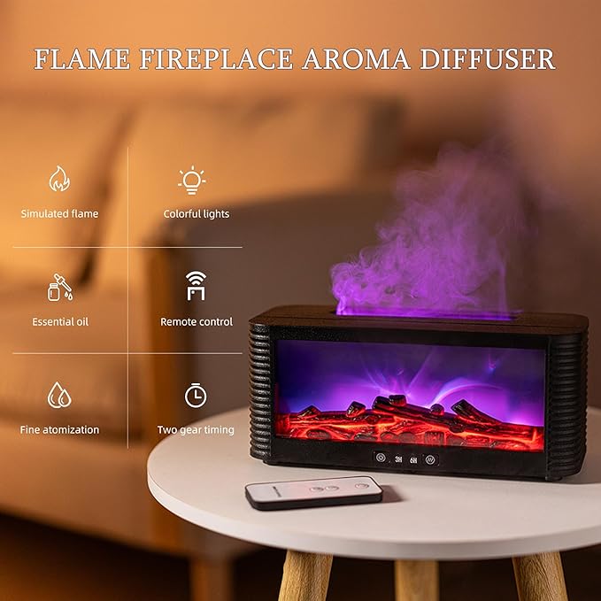 2025 Upgraded 9 Color Flame Fireplace Aroma Essential Oil Diffuser,250ml USB Desktop Noiseless Cool Mist Humidifier with Timer Auto-Off Protection for Home,Office, Gift (Black)