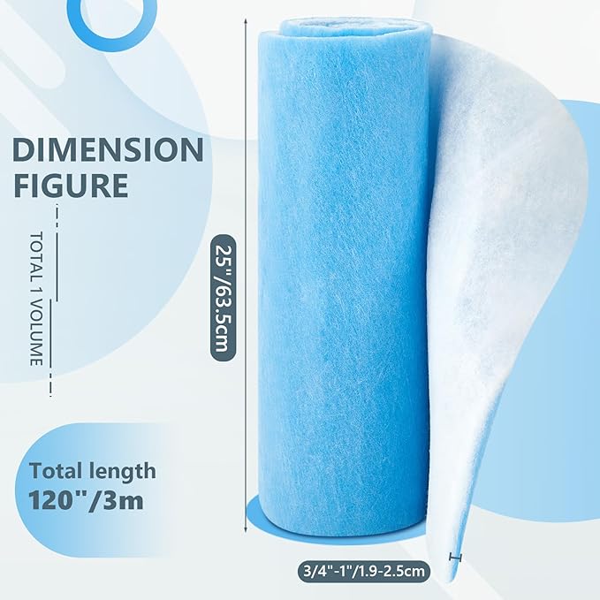 Buryeah 2 Rolls of 120 Inch Air Vent Filters Blue and White, DIY Size Filter, Dustproof Floor Vent Media Pad for Aquarium HVAC Home, 25" Wide