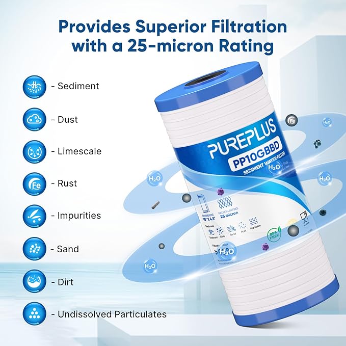 PUREPLUS AP810 Whole House Grooved Sediment Water Filter, Replacement Cartridge for 3M Aqua-Pure AP810, AP811, AP801,AP801-C, AP801T, AP801B, Whirlpool WHKF-GD25BB,WHKF-DWHBB,25 Micron 10"x4.5", 3Pack