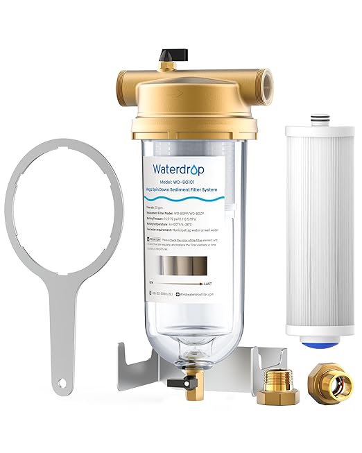 Waterdrop Mega Spin Down Sediment Filter, Reusable Whole House Water Filter System, 100+5 Micron Pleated PP Filter Sediment Water Filter with Bypass for City Water, 1" MNPT + 3/4" FNPT, BPA Free