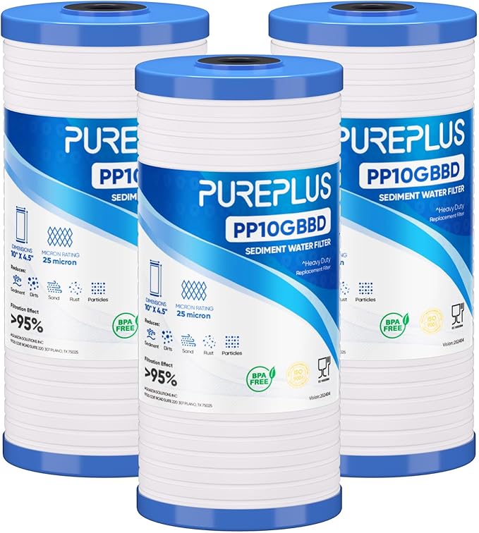 PUREPLUS AP810 Whole House Grooved Sediment Water Filter, Replacement Cartridge for 3M Aqua-Pure AP810, AP811, AP801,AP801-C, AP801T, AP801B, Whirlpool WHKF-GD25BB,WHKF-DWHBB,25 Micron 10"x4.5", 3Pack
