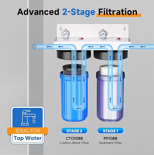 PUREPLUS 2-Stage Whole House Water Filtration System, 10" Universal Clear Housing, with Sediment, Carbon Block Filter, Reduce Chlorine, Taste, Odor, Includes Pressure Gauges, 1" Inlet/Outlet