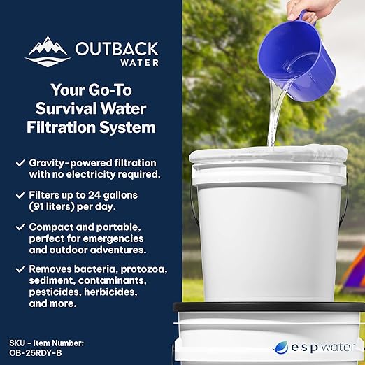 Outback Water Emergency Drinking Water Filter System with Extra Filter Replacement Kit - Gravity Fed Bucket Water Filtration for Survival, Off-Grid, Disaster Preparedness, Travel, Camping, Bug Out Kit