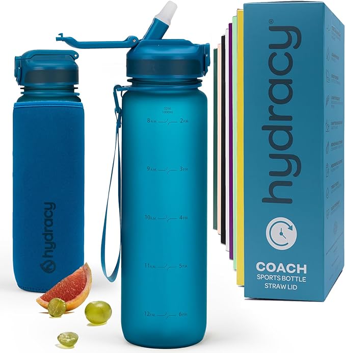 Hydracy Water Bottle with Time Marker -Large BPA Free Water Bottle & No Sweat Sleeve -Leak Proof Gym Bottle with Fruit Infuser Strainer & Times to Drink -Ideal for Fitness Sports & Outdoors