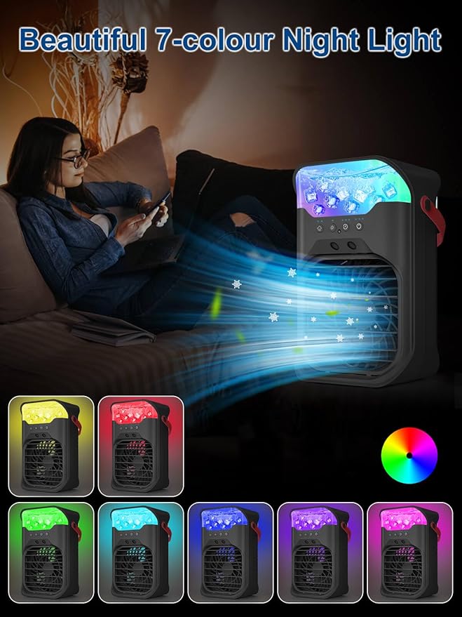 Portable Air Conditioner, 1500ML, Removable & Washable Fan Blades, Timer Function, 4 Speeds, 2 Cool Mists, 7-Color Light, Personal Evaporative Air Cooler for Home, Office, Bedroom, and Camping-Black