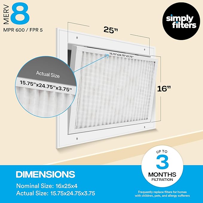 Simply 16x25x4 Air Filter MERV 8, MPR 600, 6 Pack, For Home AC Furnace & HVAC (Actual Size: 15.5"x24.5"x3.63") DUST Pet & Allergy Control