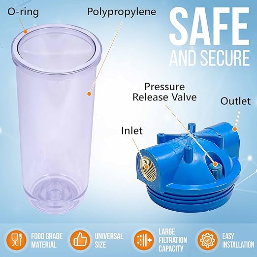 10 Inches Transparent Standard Whole House Water Filter System with Presser Relief Valve, 3/4” Inlet/Outlet Brass Port and Yearly Supply 3 Granular Activated Carbon Cartridges