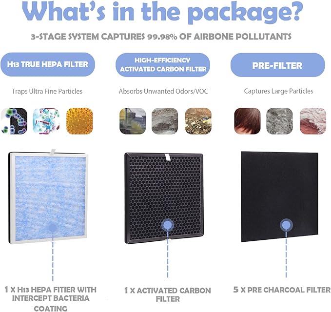 Replacement Air Filter Compatible with RENPHO Model RP-AP001, RP-AP002, RP-AP001S, 10-Pack Extra Charcoal Filters, 2X Activated Carbon Filters and 2X H13 Filters