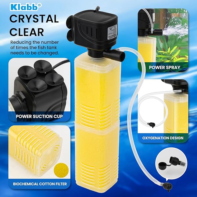 Klabb Aquarium Filter 40-100 Gal Tanks Submersible Internal Fish Tank Filters Large Tank Pond Clear for 320 GPH 4 in 1 Biochemical Filtration 1.2 m Lift Wavemaker and Air Supply 110V 60Hz