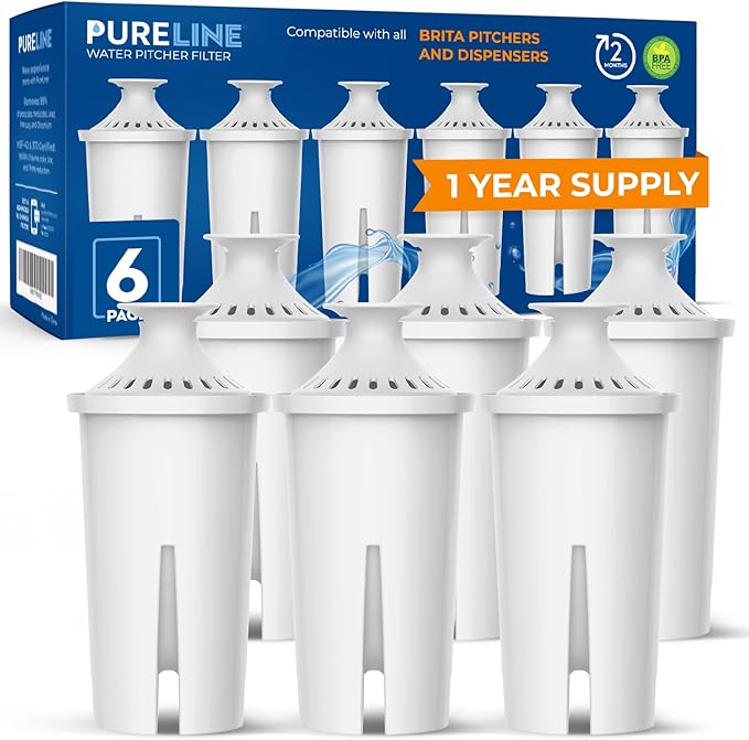 Pureline Replacement for Brita® Filter, Pitchers and Dispensers, Classic 35557, OB03, Mavea® 107007, Replacement for Brita® Pitchers Grand, Lake, Capri, Wave and More (6 Pack)