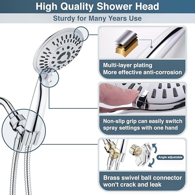 BRIGHT SHOWERS 9 Spray Settings Shower Head with Handheld High Pressure Chrome Hand Held Showerhead with 60 Inch Stainless Steel Hose and Adjustable Overhead Bracket