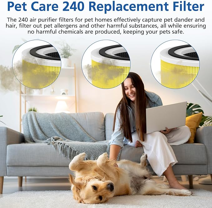 240 Pet Replacement Filter Compatible with 240 Air Purifier, 3-in-1 HEPA Replacement with Activated Carbon Filter for 99.97% Air Pollutants, and Odor, Filter Replacement for 240 Air Purifier, 2 Pack