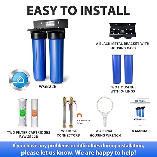 iSpring WGB22B 2-Stage Whole House Water Filter System, Reduces Chlorine, Sediment Water Filtration System for Home w/ 3/4'' Push-Fit Braided Stainless Steel Hose Connectors and Ball Valve