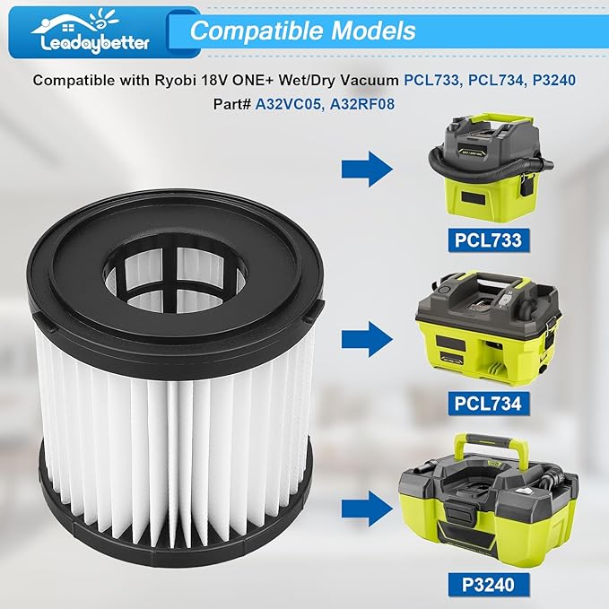 Leadaybetter 2 Pack Filter Replacement for Ryobi 18V ONE+ Wet/Dry Vacuum PCL733, PCL734, P3240, Also Compatible with HART 20-Volt 2-Gallon Wet/Dry Vac HPWD01B, Replace Part# A32VC05, A32RF08
