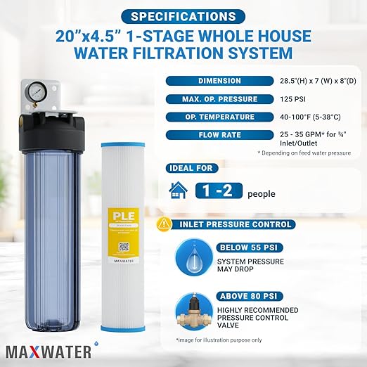 20 x 4.5 Whole House 1 Stage PP Pleated Sediment Filter System w/ 1" NPTF Port Housing Head Includes 25 Micron Pleated Sediment Filter, Gauge & Bracket BB-20B WH100SP WDS150K CB1-CAB20-BB DB20P