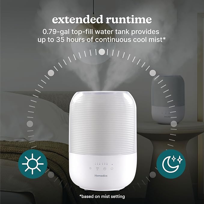 Homedics Ultrasonic Cool Mist Humidifier, Top-Fill 3L Water Tank, Covers 395 sq. ft, 35-Hour Runtime, 3 Mist Settings, Clean Tank Tech, Auto-Off, Night Light, Quiet