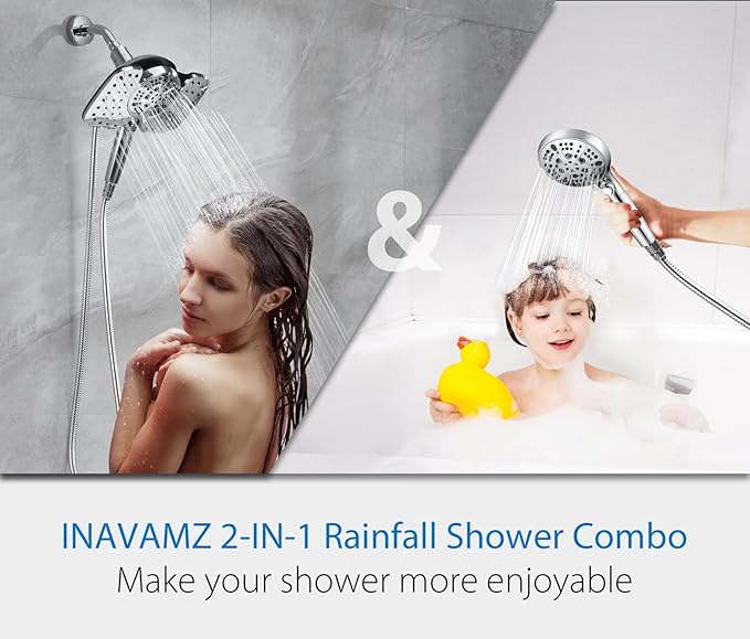 2-in-1 Shower Heads with Handheld Spray Combo: 10” Rainfall Shower Head & Hand Held Shower Head, 9 Spray Settings Detachable Shower Head with ON/OFF Switch and 15-Stage Filter