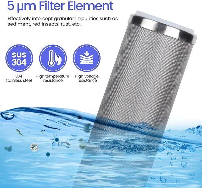 Amwater Stainless Steel Cleanable Wire Mesh Filter Cartridge 10”Length,2.5"OD(5 Micron)
