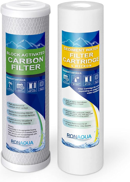 1 Standard Coconut Shell Block Carbon & 1 Four Layers of Filtration Polypropylene Sediment 5 Micron 2.5"x 10" Water Filter Cartridges Universal replacement for Reverse Osmosis & Standard 10” Housing