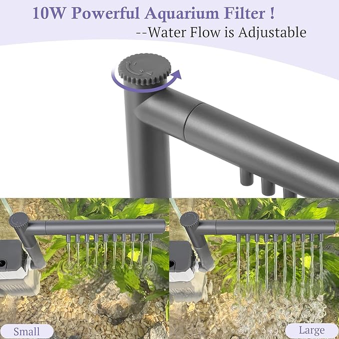10W 130GPH Powerful Aquarium Filter for 10-35Gal Fish Tank, Adjustable Filter with Biochemical Sponge, Submersible Fish/Turtle Water Filters, Filtration/Oxygenation/Water Cycle 3in1 Filter