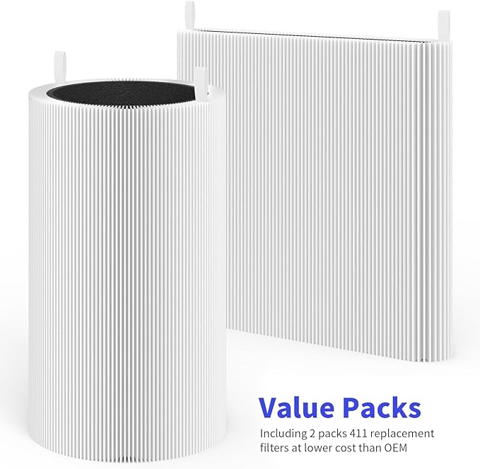 2 Packs 411 Replacement Filter Compatible with Blue Pure 411, 411+, 411 Auto & Mini with 3pcs Outer Cloth Pre-Filter Cover