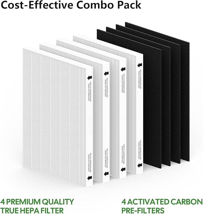 4 Pack Air Filter Replacement for Fellowes AeraMax 290/300/DX95 Purifiers and HF-300/AP-300PH, Fits Part# 9287201 & 9324201, 4 Filter and 4 Carbon Filter