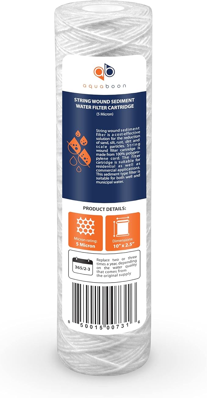 Aquaboon Whole House 5 Micron 10 x 2.5 String Wound Sediment Water Filter Cartridge Replacement Compatible with Well Water Filter WHKF-WHSW, 6-Pack
