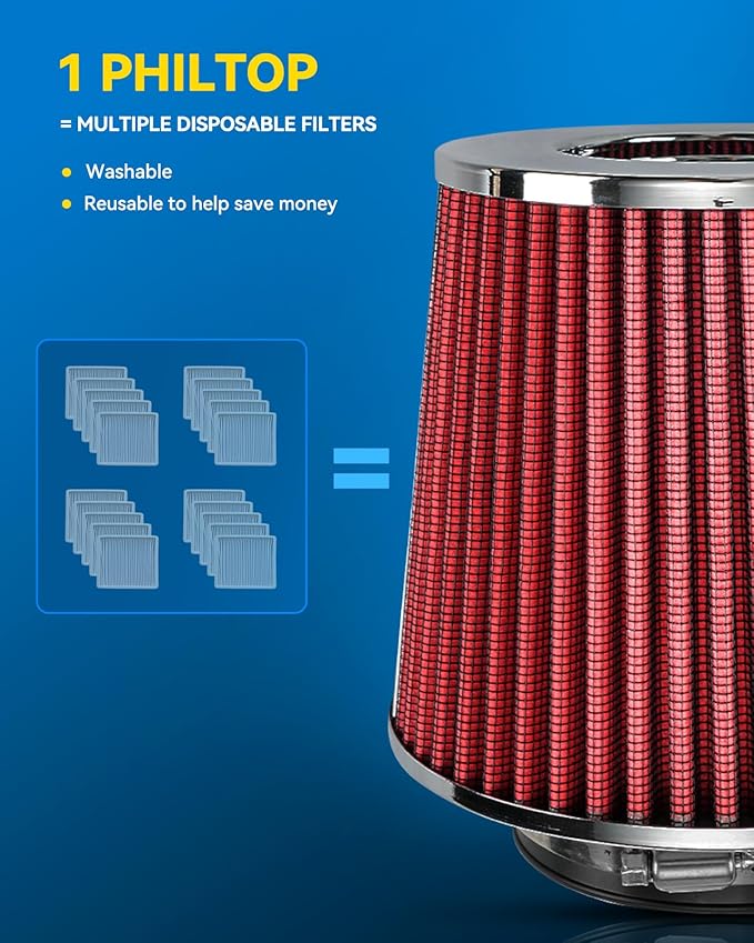 PHILTOP Universal Clamp-On Air Intake Filter, High Performance,Premium Washable Replacement Air Filter: High Flow Air Filter 3.5" 89 mm Inlet
