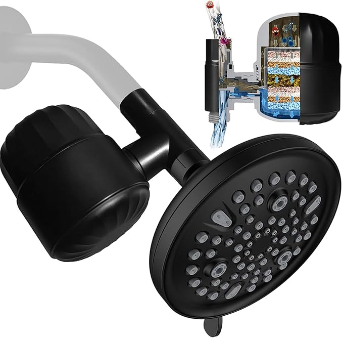 6 Inch Shower Head with Filter - 9 Spray Modes Fixed Water Saving Shower Heads with 2.5 GPM Restrictor, Hard Water Filtering Shower Head to Remove Toxic Chemicals, Matte Black