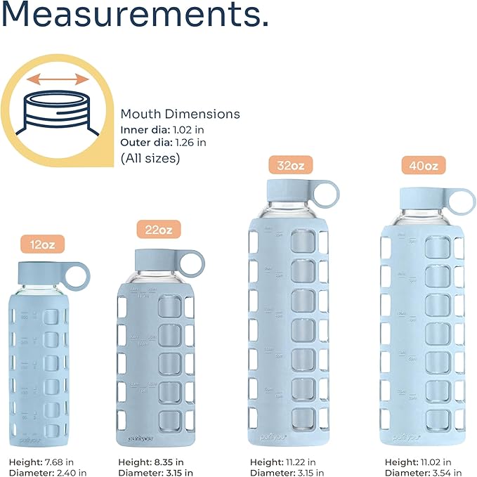 purifyou 40oz / 32oz / 22oz / 12oz Borosilicate Glass Water Bottle with Time & Volume Markers, Silicone Sleeve, Stainless Steel Lid | Reusable Glass Bottle for Water & Juice (12oz Ice Blue)