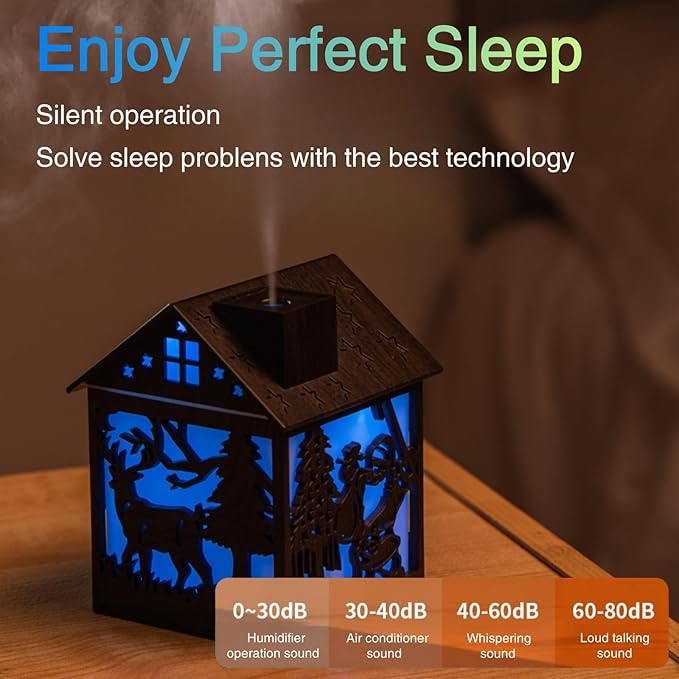 Colorful Cool Mini Humidifier, Cabin styling with Christmas theme，USB Personal Desktop Humidifier 2 Mist Modes, 7 colors,Super Quiet Perfect for Baby Bedroom, Office (Darkwood)