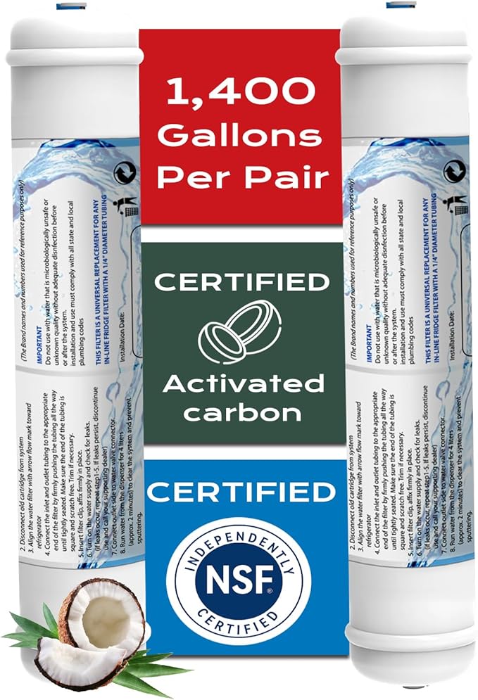 T33 Inline Water Filter, 1/4" Quick-Connect Filter Replacement Cartridge Inline Water Filter for Refrigerator, Ice Maker, Under Sink System, Reverse Osmosis Water System, 2 Pack