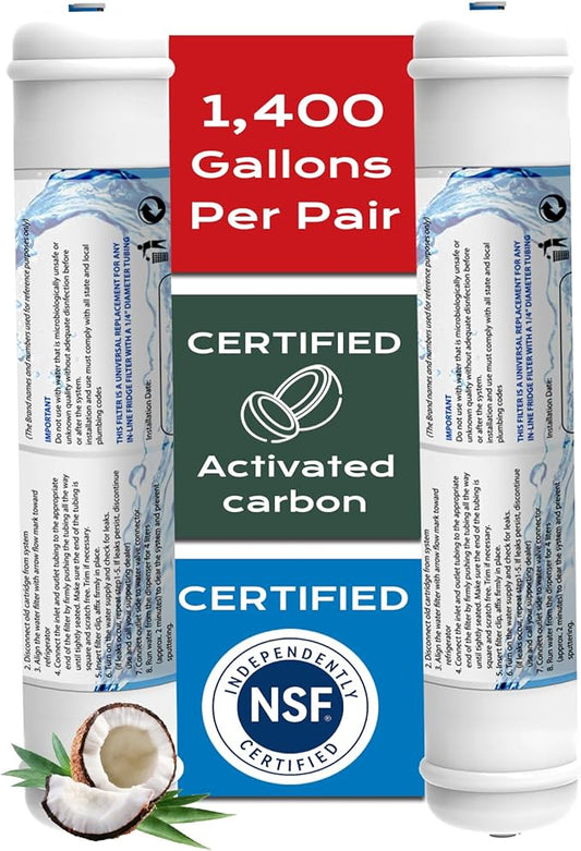 T33 Inline Water Filter, 1/4" Quick-Connect Filter Replacement Cartridge Inline Water Filter for Refrigerator, Ice Maker, Under Sink System, Reverse Osmosis Water System, 2 Pack