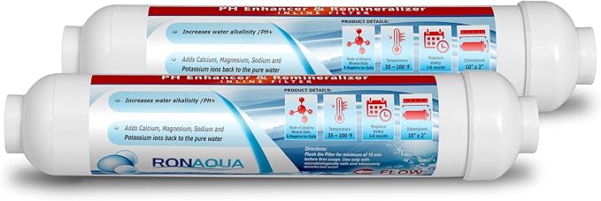 10-inch Universal Alkaline in-line Water Replacement Filter - PH Enhancer, and Re-Mineralizer – Post Filter for Under-Sink or Reverse Osmosis System - Restore Essential Minerals Set of 2