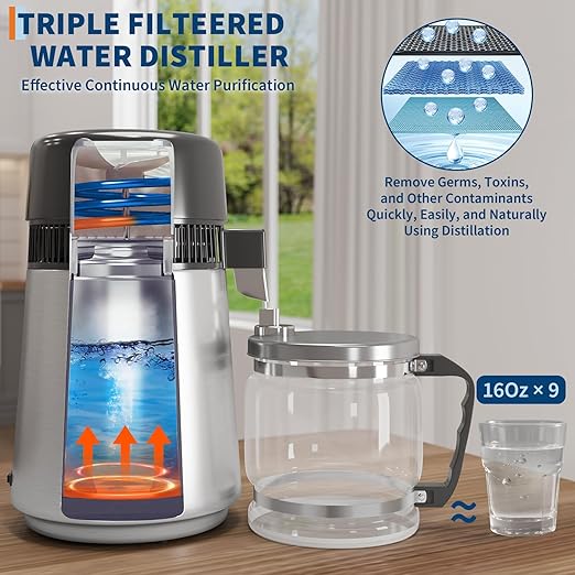 GarveeHome Water Distillers for Home Countertop, 1Gal/4L Stainless Steel Distilled Water Machine with Glass Container, 750W Desktop Drinking Purifier Filter Distilling Kit, Silver