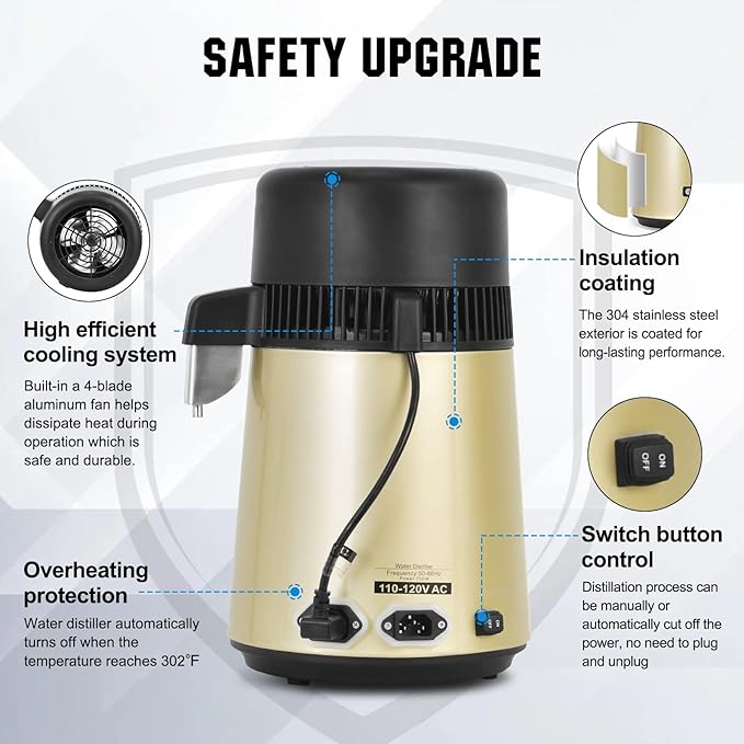 DC HOUSE Upgrade Water Distiller, 304 Stainless Steel 1 Gallon Distilled Water Maker Machine for Home Countertop Table Desktop, 750W 4L Making Machine with On Off Switch, Glass Container