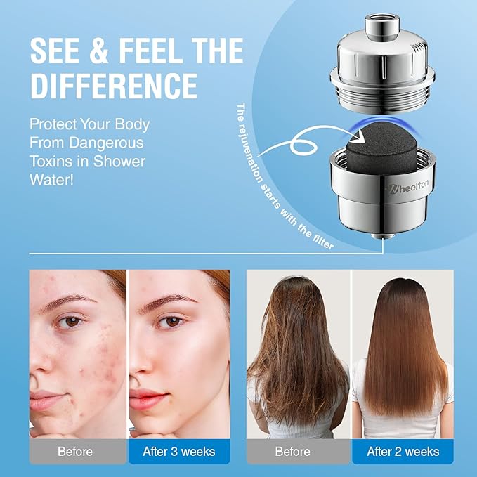 Wheelton Shower Filter - Upgraded Compressed Carbon Shower Head Filter for Hard Water, Remove Chlorine Fluoride, Heavy Metals, Chemicals to Revitalize Dry Itchy Skin (WS1)