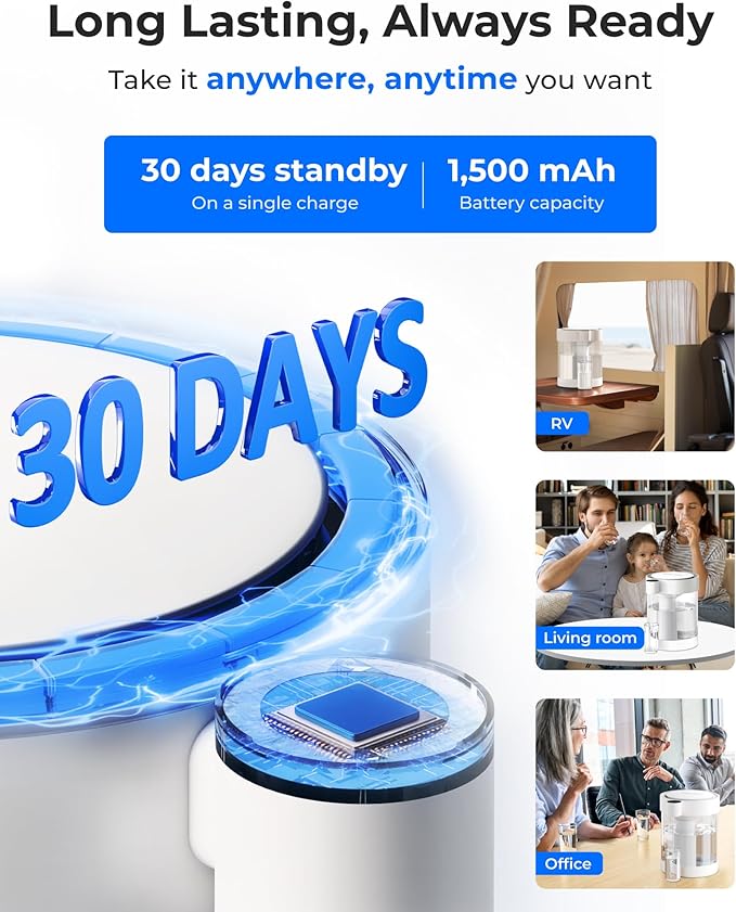 Waterdrop 0 TDS Glass Rechargeable Water Filter Dispenser, 4-Stage Zero TDS Electric Instant Pitcher, Reduce Chlorine, Lead, Copper, Large 22-Cup Countertop Water Filtration System, with 1 Filter