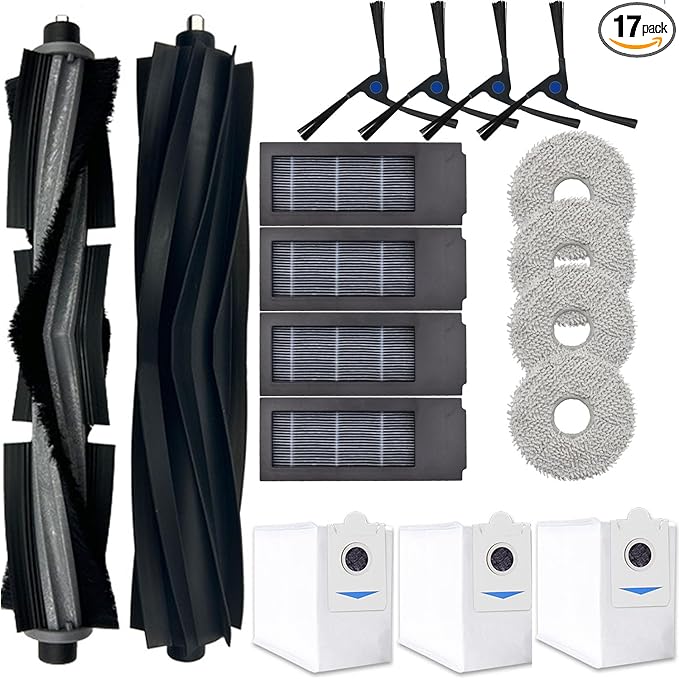 Spare Parts Accessories Kit Compatible With ECOVACS DEEBOT X2 Omni Vacuum Cleaner.1 Main Rubber Brush,1 Normal Main Brush,4 Side Brush,4 Hepa Filters,4 Mop Pads,3 Dust Bags (17 Pack-Black)