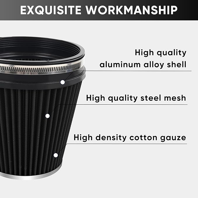 6" 152mm Cold Air Intake Filter Clamp-On Replacement High Flow Inlet Air Filter High Performance Washable Cone Filter 7" Tall Black