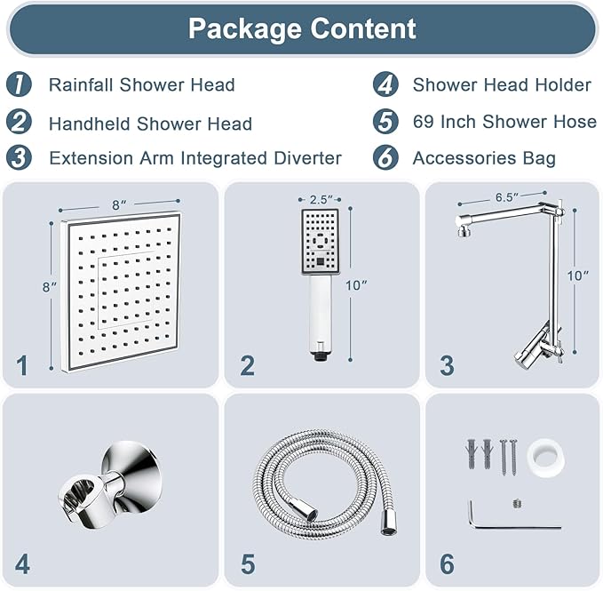 BRIGHT SHOWERS High Pressure Rain Shower Head Combo with Double Extension Arm, 8 Inch Rainfall Shower Head with Handheld Spray, Height Adjustable Dual Square Showerhead Set, Chrome