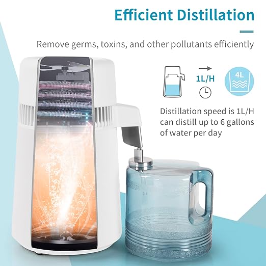 ROVSUN【Upgraded】1.1 Gallon/4L Water Distiller w/Flame-Retardant Material, BPA-Free Container & Stainless Steel Interior for Home, Distilled Water Machine Countertop, Distilling Pure Water Maker, 750W