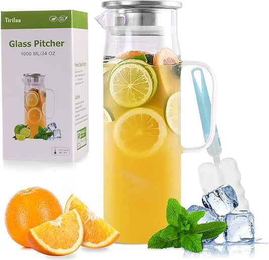 Glass Pitcher, 34 oz / 1 Liter Glass Pitcher with Lid, Glass Water Pitcher, Glass Carafe with Lid